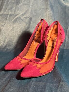 TAYLOR SAYS zigzag pink suede/mesh stilettos,bride/groom skeleton soles,6.5
